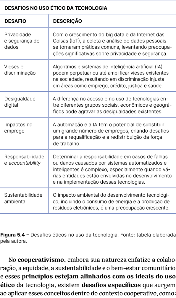  Figura 5.4 – Desafios ticos no uso da tecnologia. Fonte: tabela elaborada pela autora. No cooperativismo, embora su...