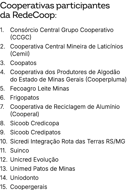 Cooperativas participantes da RedeCoop: 1. Cons rcio Central Grupo Cooperativo (CCGC) 2. Cooperativa Central Mineira ...