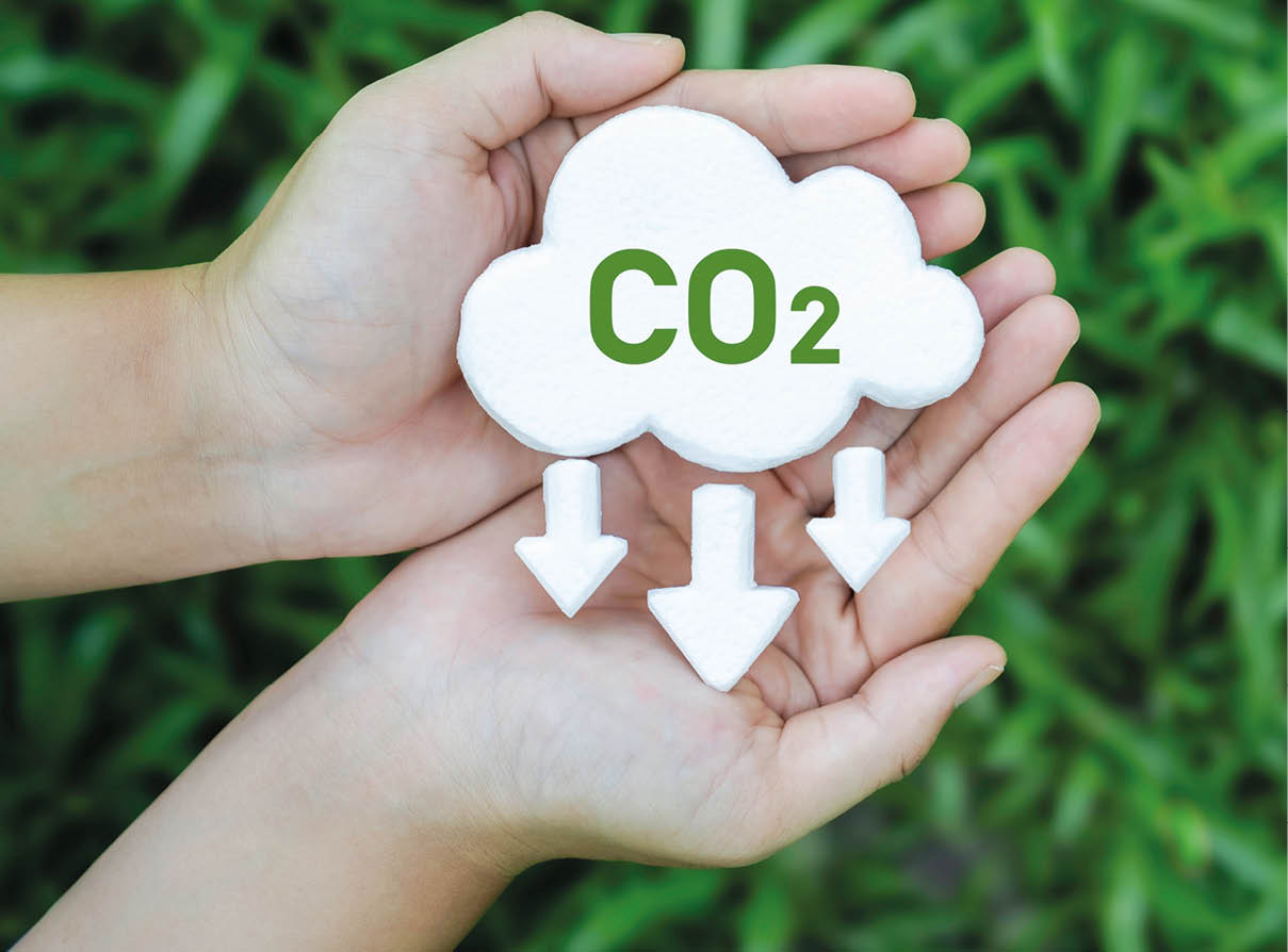 Hand holding a CO2 icon symbol. Net zero and carbon footprint for reduce emission, carbon neutral, limit climate change and global warming, and eco-friendly environment to green business