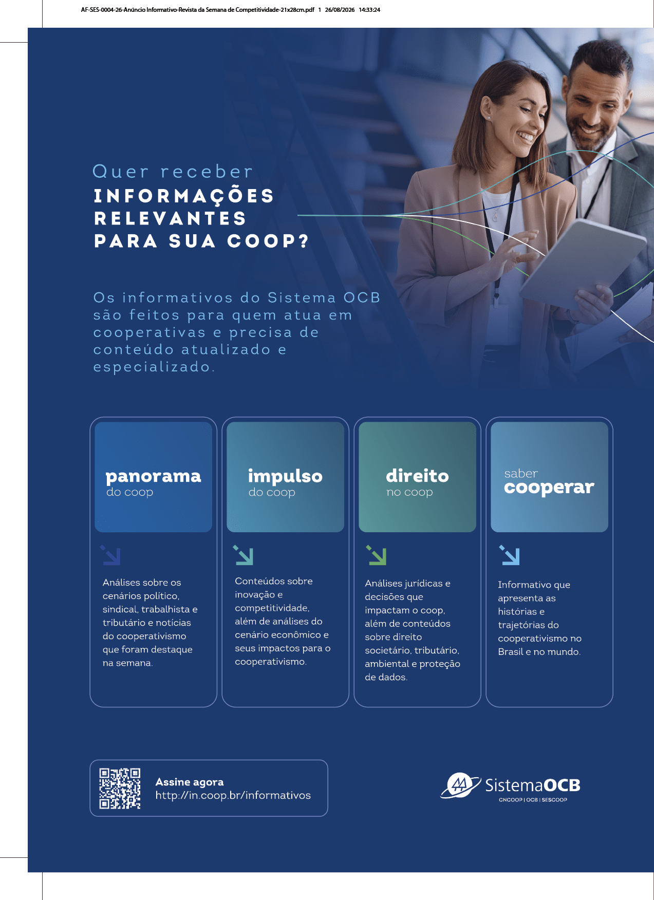 Dois adultos sorridentes olhando para um tablet enquanto o texto destaca informa es relevantes para cooperativas oferecidas pelo Sistema OCB, incluindo temas como panorama, impulso, direito e saber cooperar.  Description generated by AI