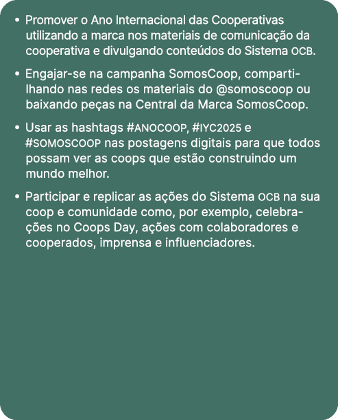 • Promover o Ano Internacional das Cooperativas utilizando a marca nos materiais de comunica o da cooperativa e divu...